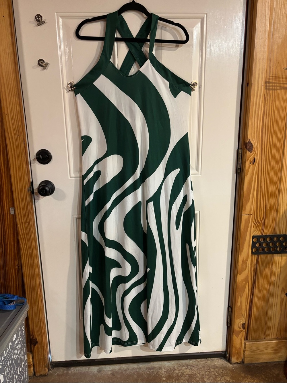 Green and White Striped Wave Maxi Dress with Crisscross Back